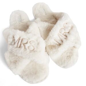 Fluffy White Slippers with MRS Embroidery